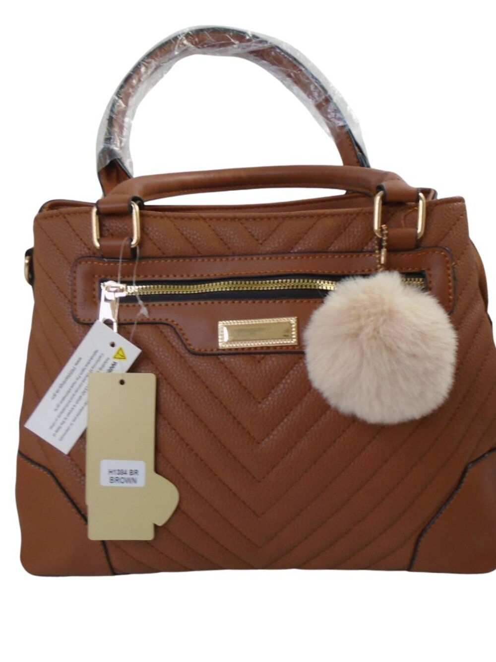 Women's Brown Faux Leather Satchel Handbag Chevron Quilting Design